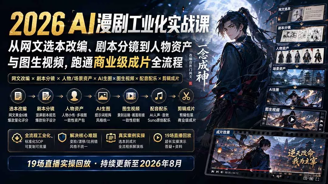 2026 AI漫剧工业化实战课-更新:从网文选本改编、剧本分镜到人物资产与图生视频,跑通商业级成片全流程客创社区-专注互联网轻资产资源整合与分享客创社区-专注互联网轻资产资源整合与分享